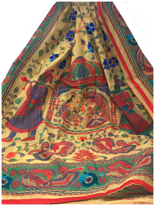 Designer Dupatta Kantha Embroidery on Madhubani Painting