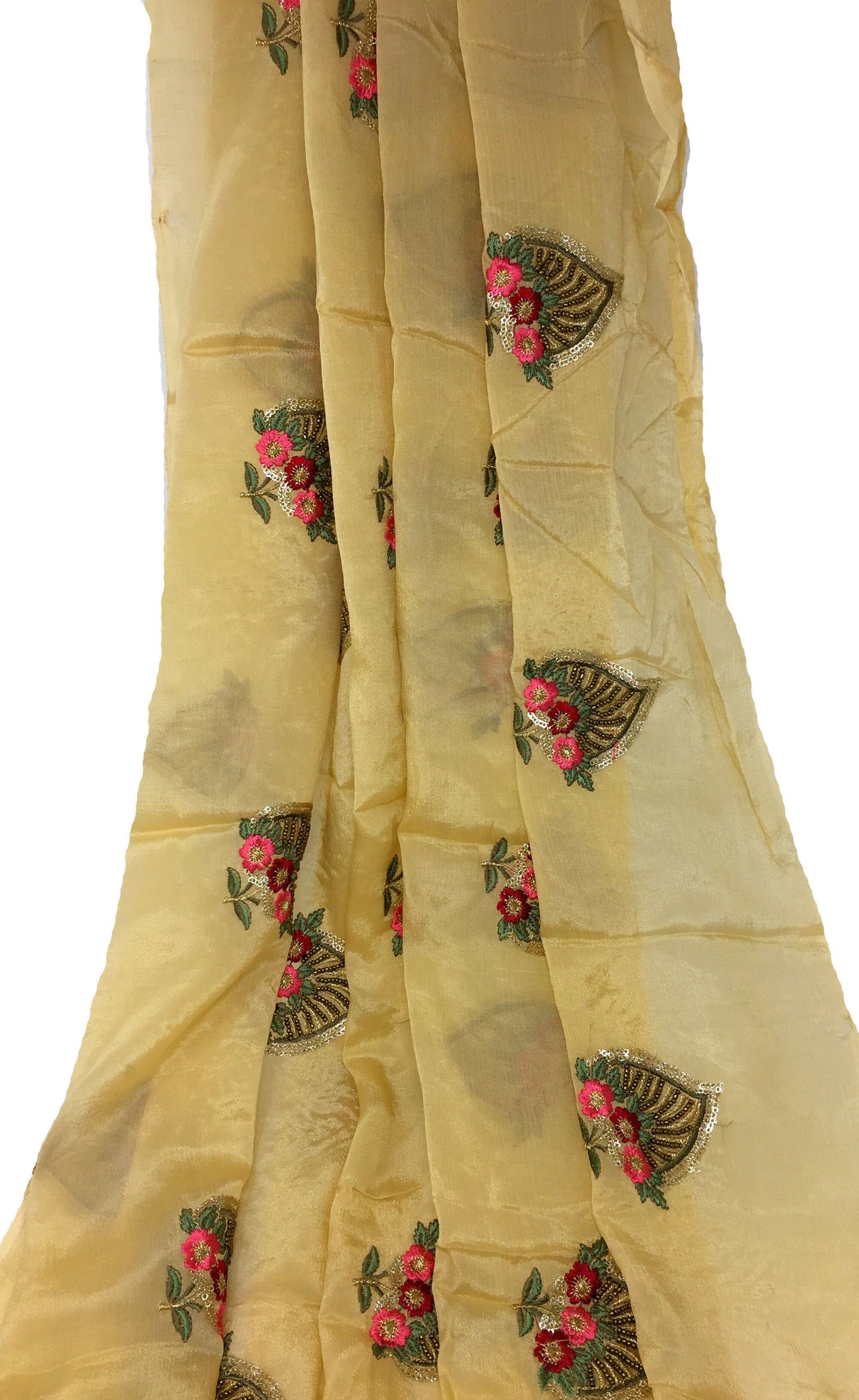 Chinon Chiffon Fabric, Silk Look, Floral Beaded Embroidery in Beige