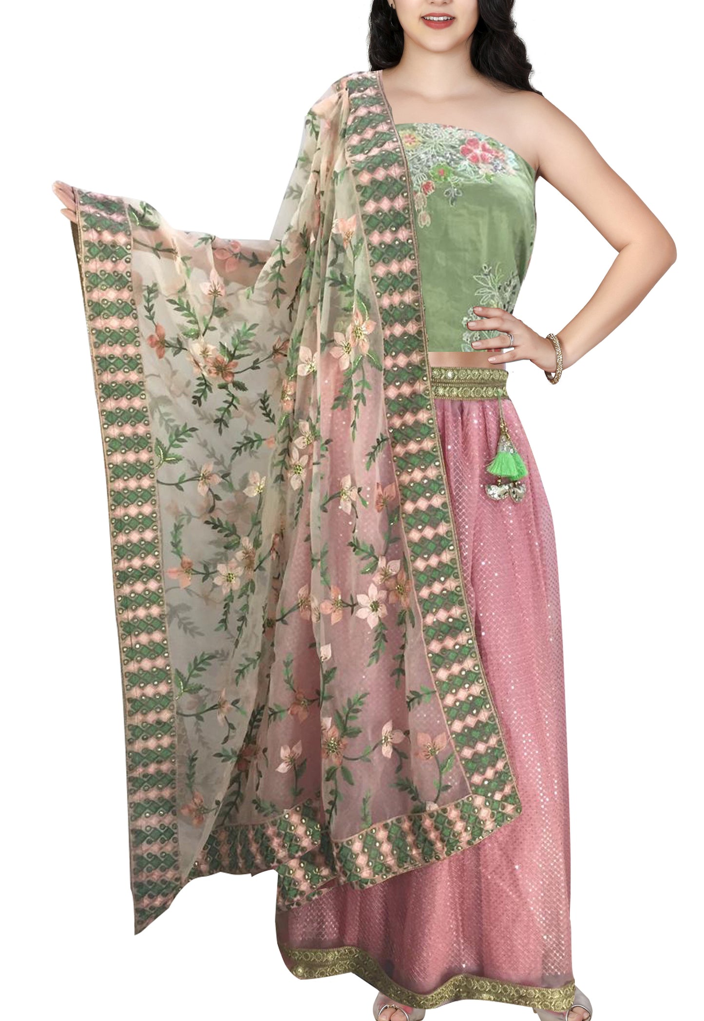 Unstitched lehenga material, Peach Lehenga Fabric, Green Blouse Cloth, Designer Dupatta