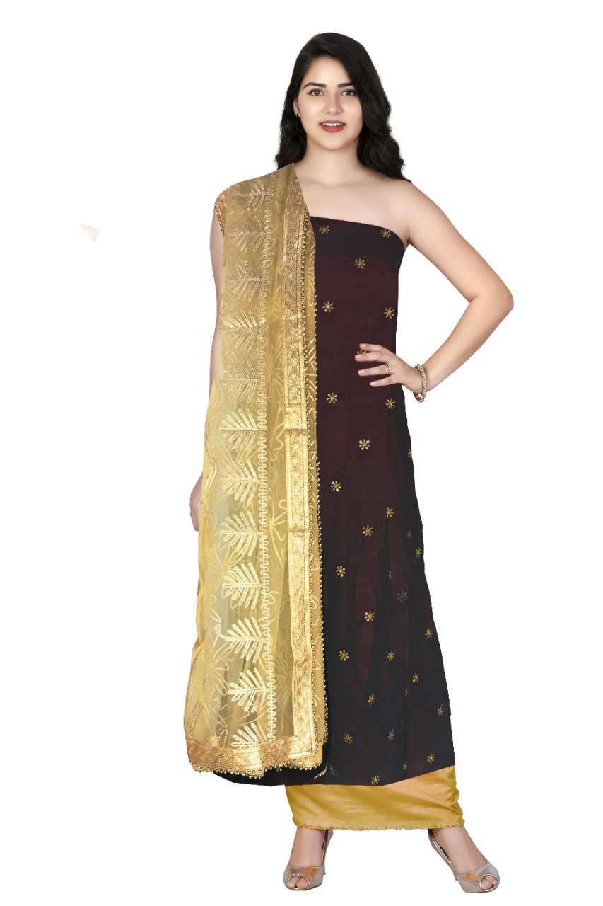 Maroon colour Velvet dress material, Gold bottom n Gold dupatta