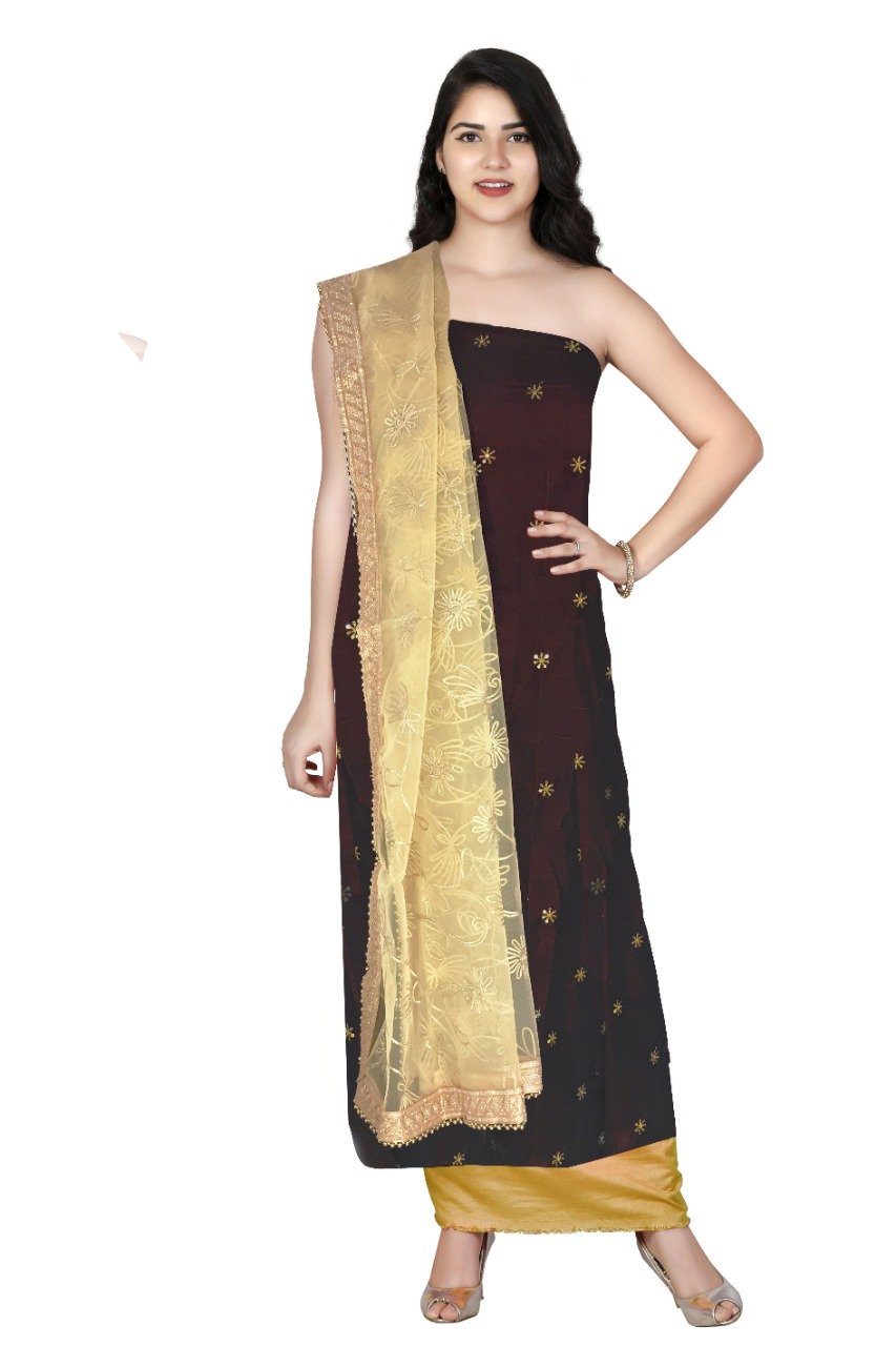 Maroon colour Velvet dress material, Gold Santoon bottom n Gold dupatta
