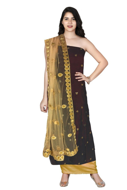 Maroon colour Velvet  dress material with Gold Net Dupatta