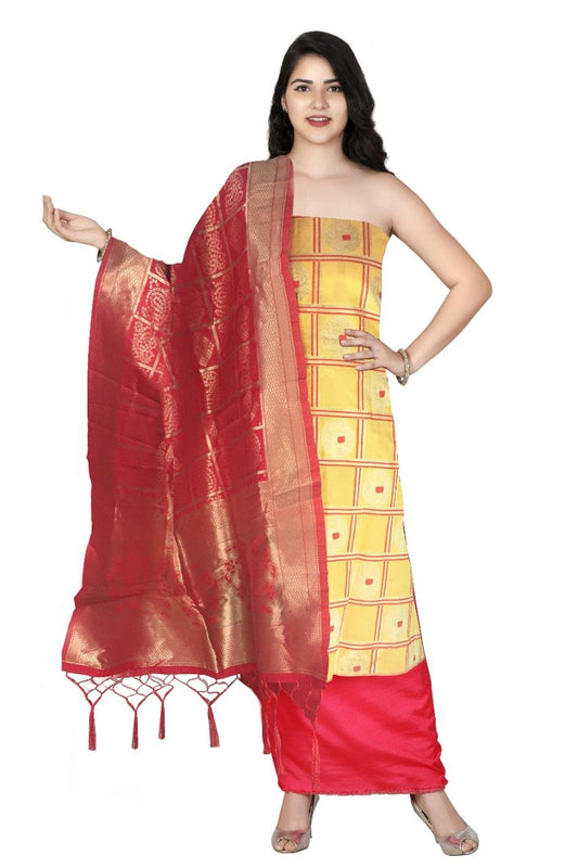 Yellow Brocade Dress Material n Red Brocade Dupatta